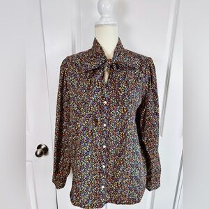 J Crew Women Button Up Bow Tie Shirt Top Small Print Floral Cotton Cottage SZ XL